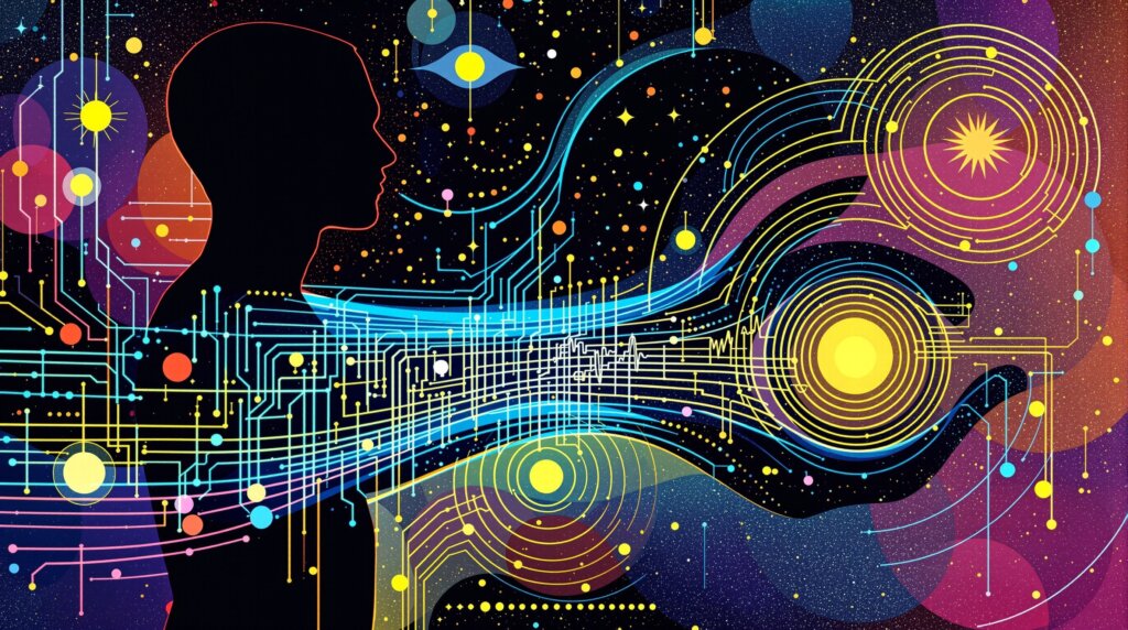 Abstract human silhouette with glowing data streams forming heartbeat and sleep cycle patterns, Kandinsky-style.