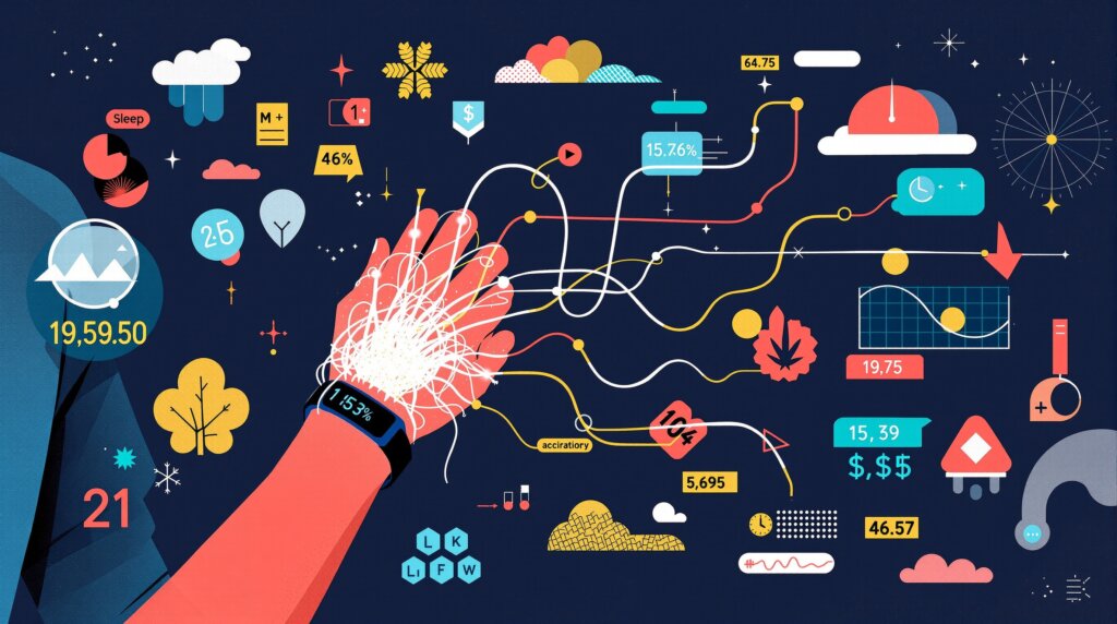 Collage illustration of a wrist emitting glowing data streams into geometric charts representing heart rate variability, sleep cycles, and vitals.