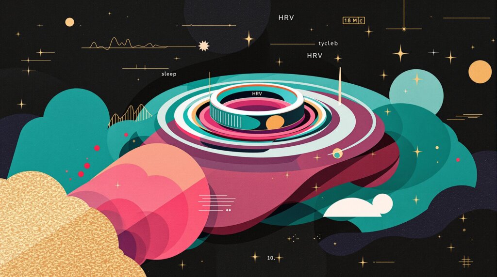 Collage illustration of a smart ring above a wrist with concentric waveforms and biometric data points.