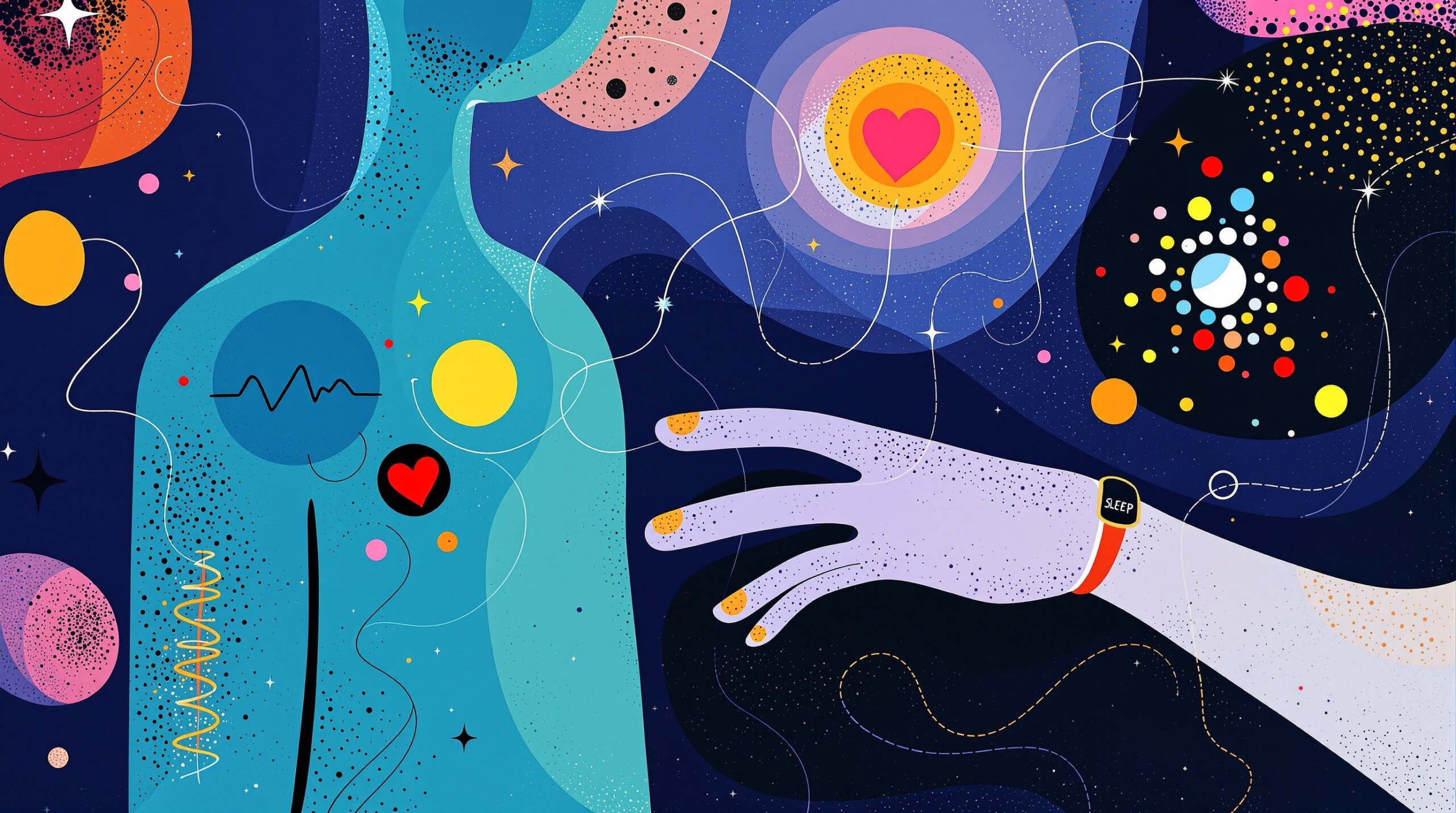 Abstract human figure with a glowing smart ring and flowing lines of biometric symbols.