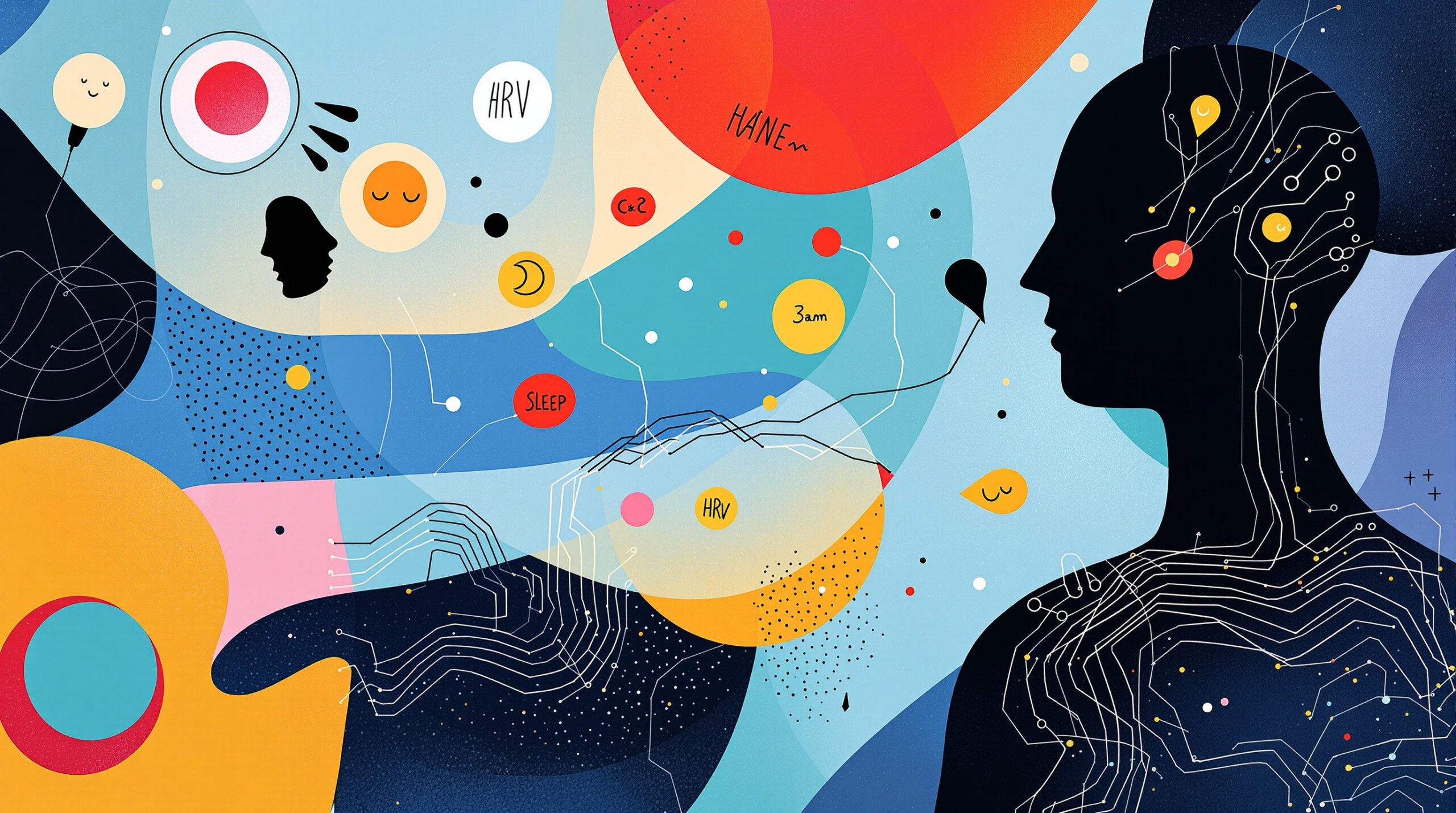 Abstract MirÃ³-style illustration of a person with glowing wrist lines and floating health data symbols.