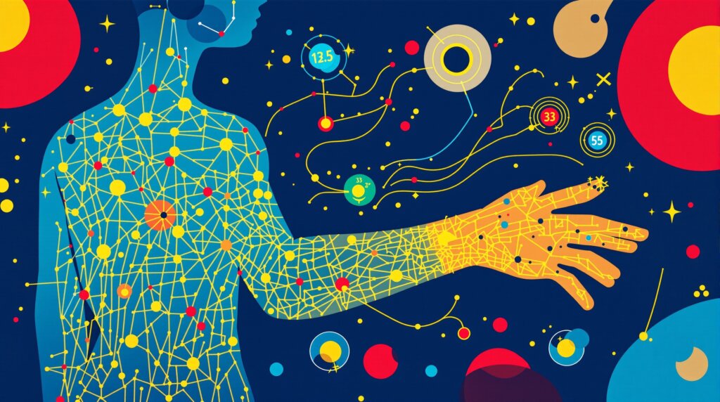 Abstract illustration of a torso and wrist with glowing biometric data streams and HRV waveforms in vibrant Kandinsky style.