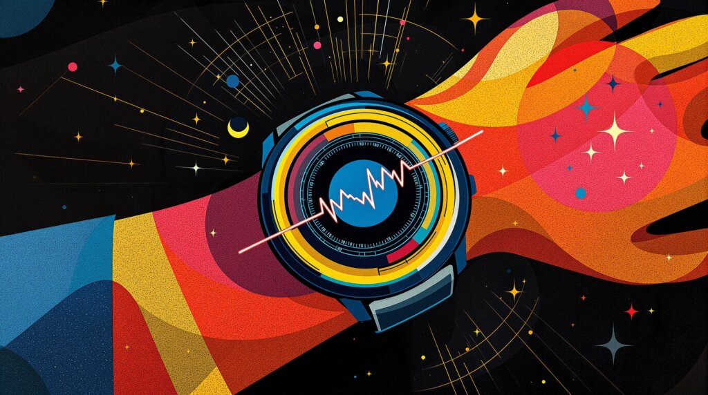 Abstract illustration of a wrist with concentric data rings and a heart-rate variability waveform representing wearable stress measurement.