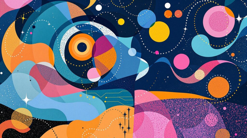 Abstract Kandinsky-style image of a sleeping person with a glowing ring and colorful data waves representing REM and HRV.
