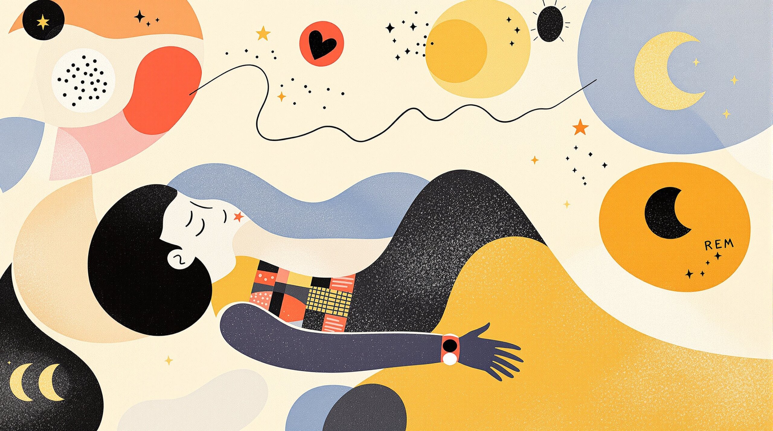 Stylized MirÃ³-like illustration of a reclining person with a glowing smart ring and floating biometric symbols for sleep and HRV.