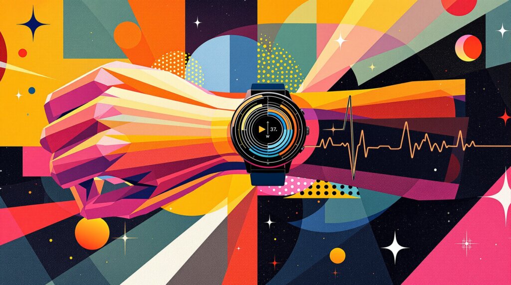 Abstract Kandinsky-style illustration of a wrist with a minimalist smartwatch and glowing biometric data streams.