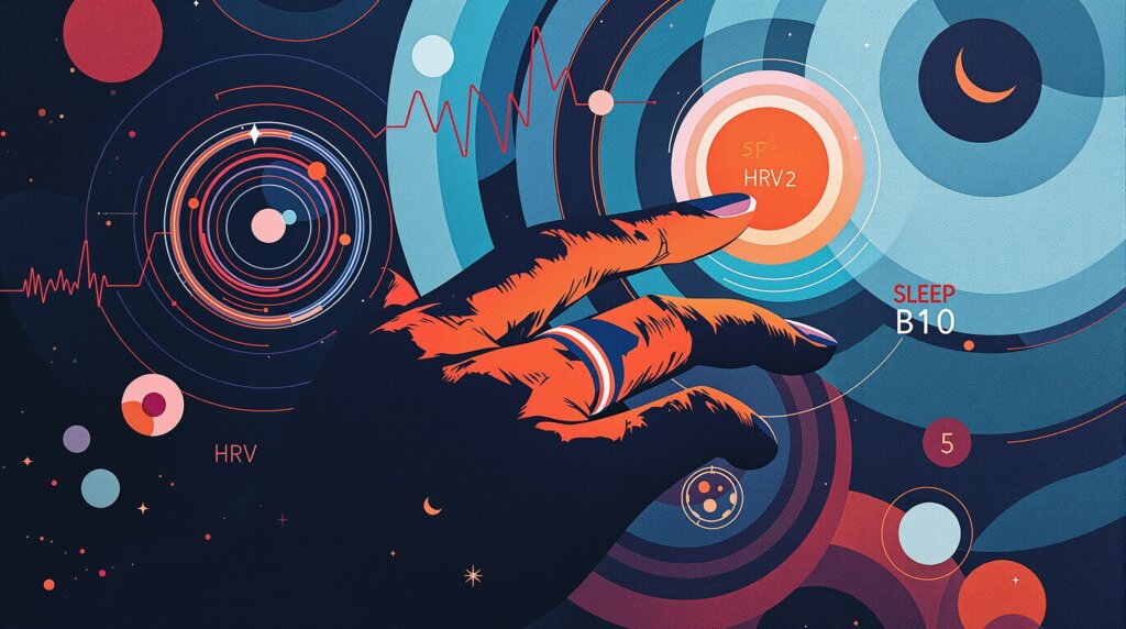 Abstract illustration of a hand wearing a glowing smart ring with surrounding geometric waveforms representing SpO2 and HRV.