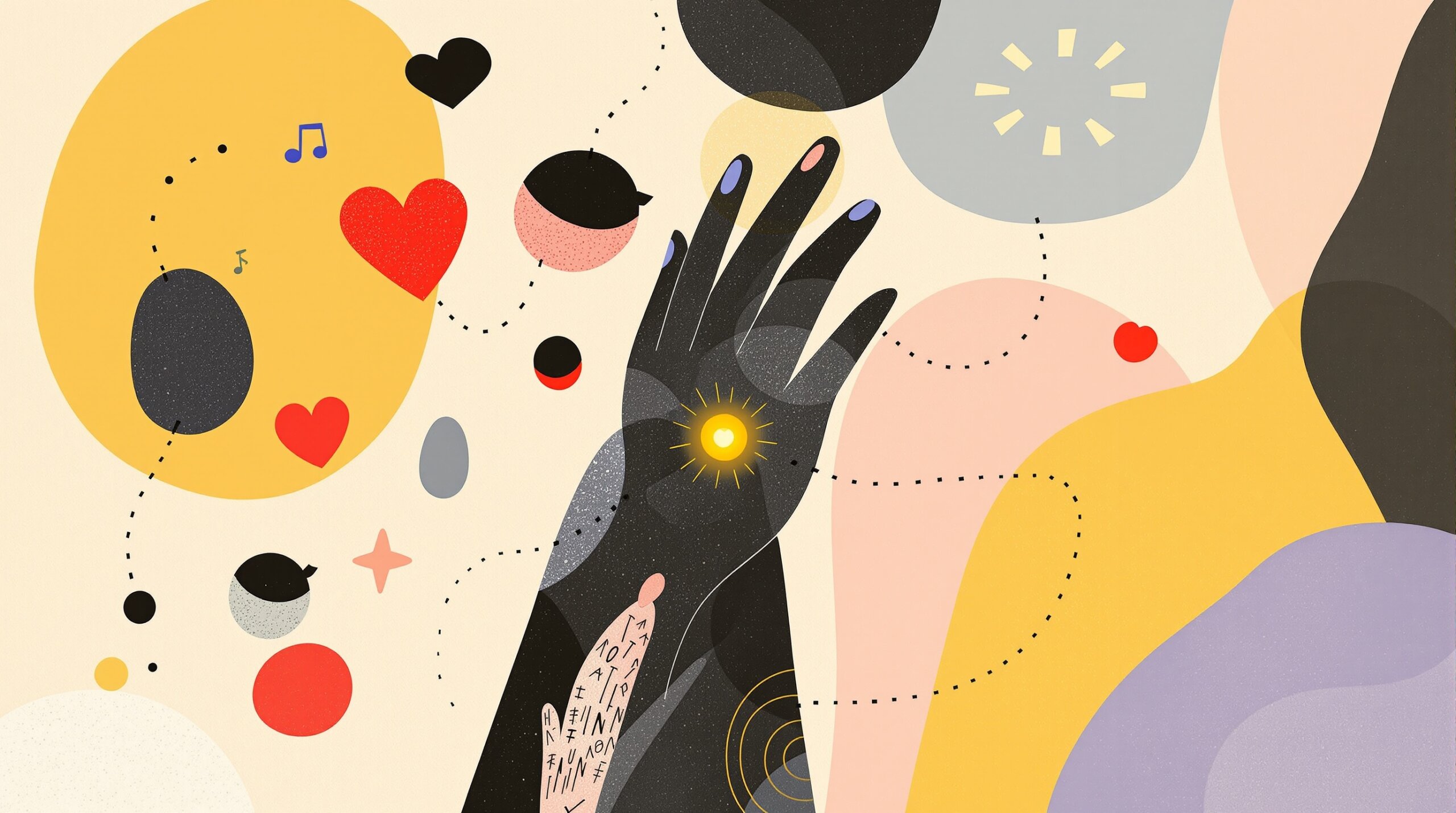 Abstract collage of a figure with a glowing sensor and colorful biometric data streams connecting to a longevity symbol.