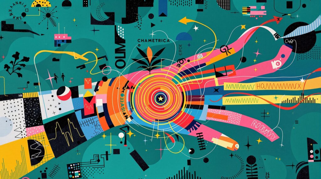 Abstract geometric illustration of a wrist and chest with neon data streams representing heart rate variability and sleep cycles.