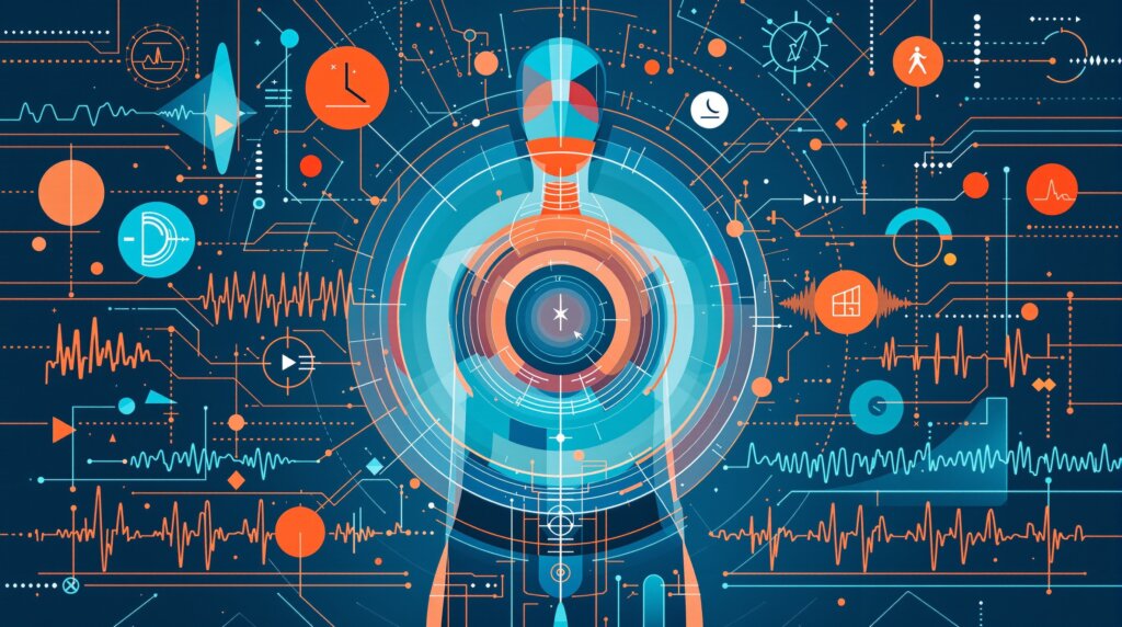 Abstract Kandinsky-inspired illustration of a torso with geometric shapes and radiating data streams representing vital signs.