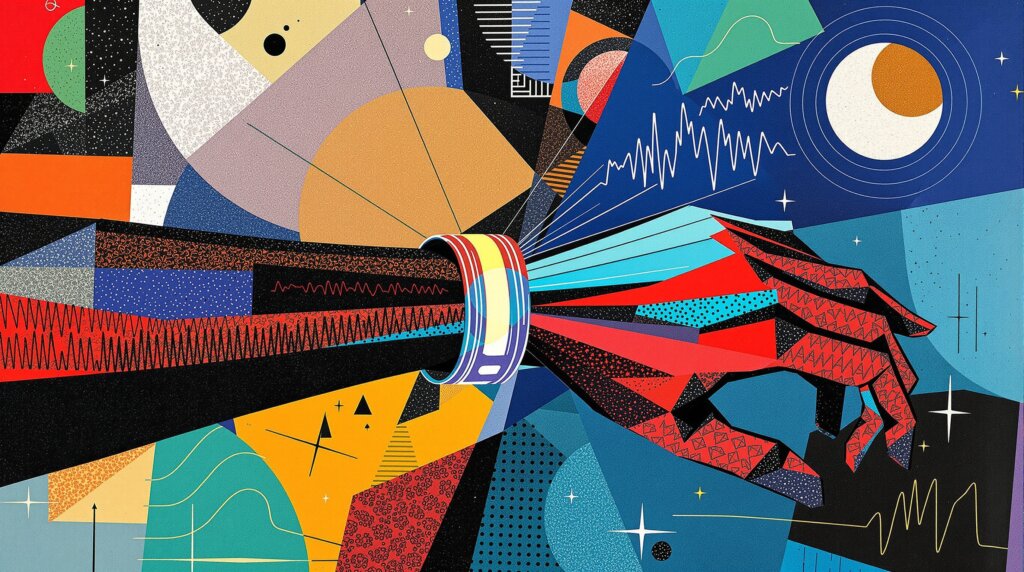 Stylized wrist with glowing biometric band and abstract rings and waveforms representing HRV and sleep cycles.