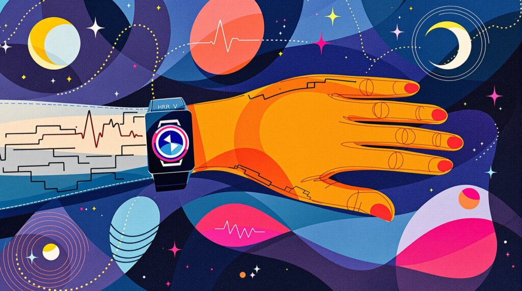 Abstract illustration of a hand with band, ring, and watch symbols connected by glowing biometric data streams.