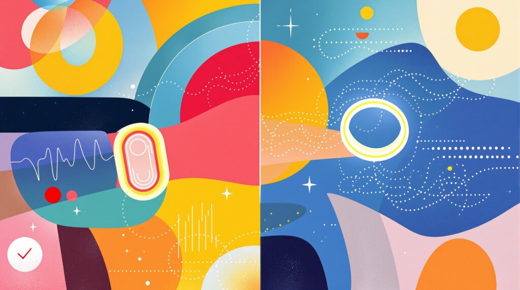 Abstract Kandinsky-style illustration of a wrist band and smart ring connected by flowing biometric data.