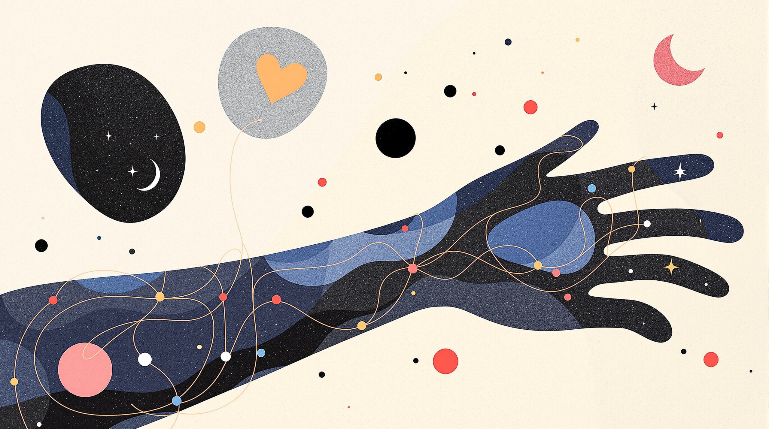 Abstract forearm collage with glowing lines and icons for heart, oxygen droplet, and moon indicating biometric data flow.