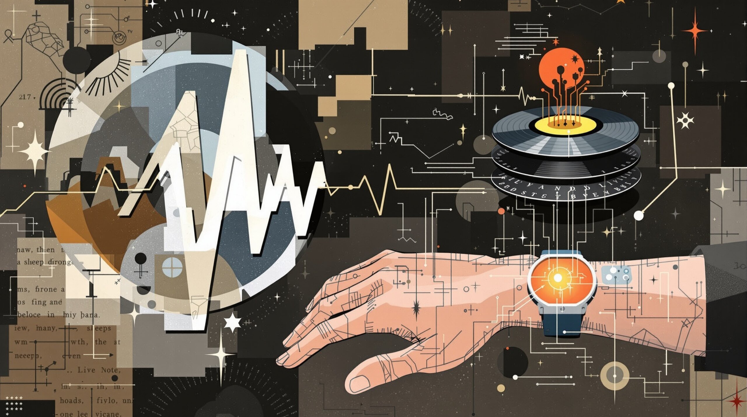 Collage illustration of heartbeat, sleep-cycle discs, and data threads linked to an abstract wearable node.