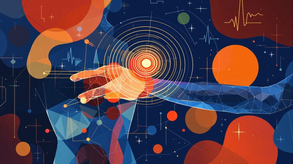 Abstract Kandinsky-style human figure with glowing wrist sensor and concentric biometric wave patterns.