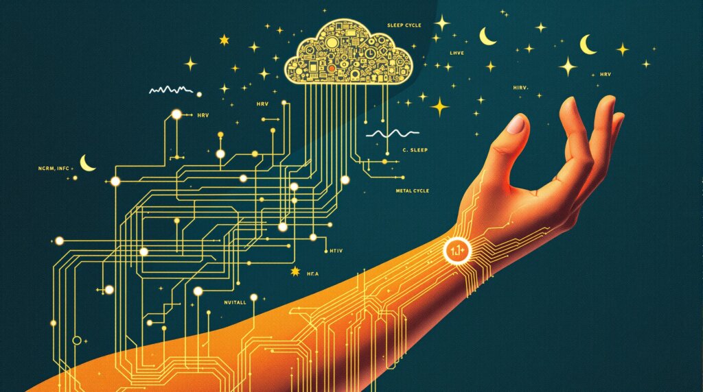 Abstract collage of a torso and wrist with glowing sensor lines and flowing biometric data ribbons.