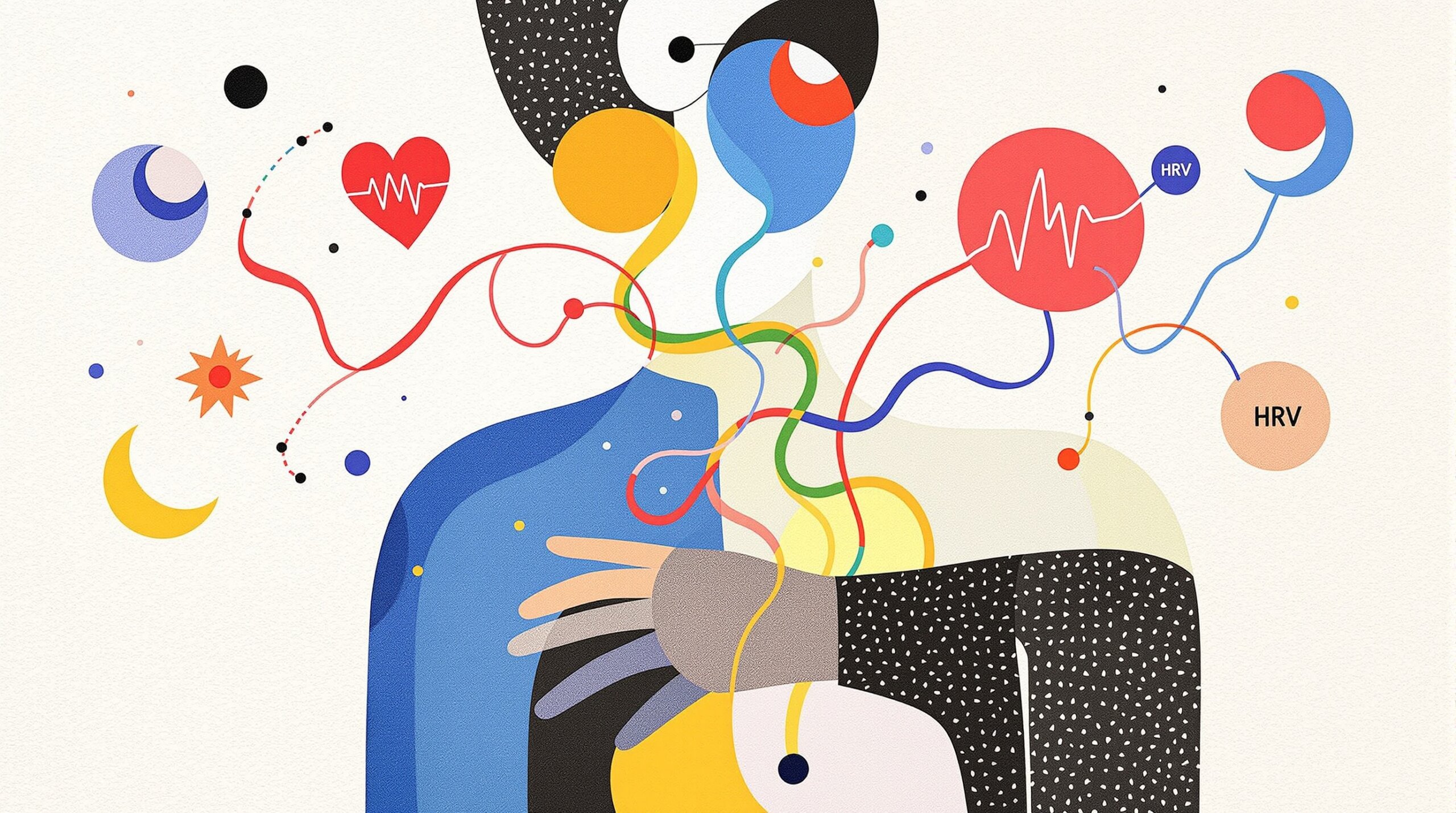 Playful abstract collage of a figure with ribbon-like data streams, biometric icons, and orbiting sleep and HRV motifs.