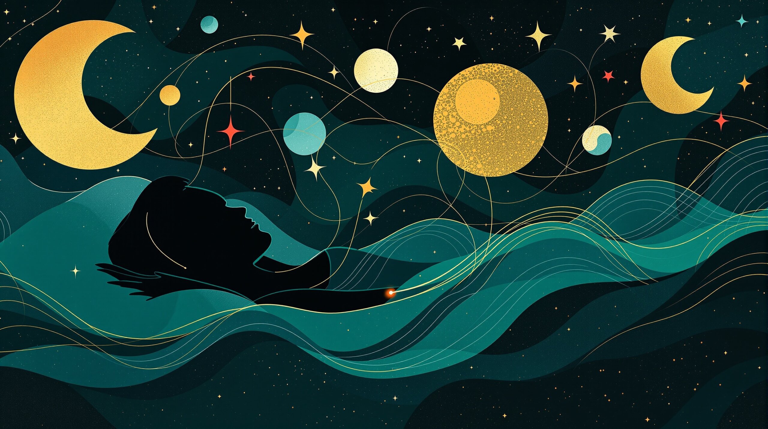 Playful abstract illustration of a sleeping figure with a glowing wrist sensor and flowing data waves.