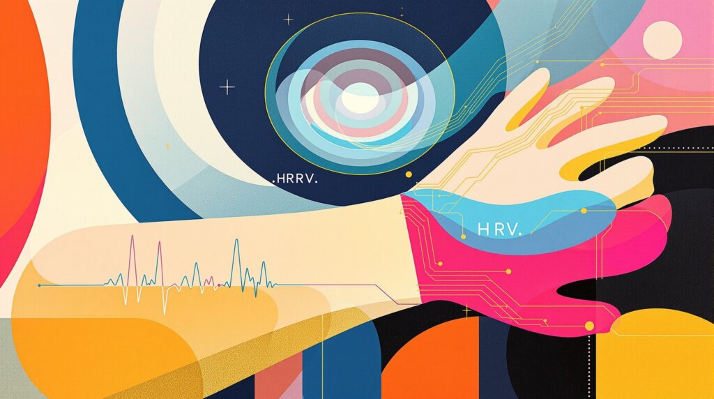 Abstract geometric figure with concentric sleep rings and neon heart-rate and HRV waveforms flowing from the wrist.