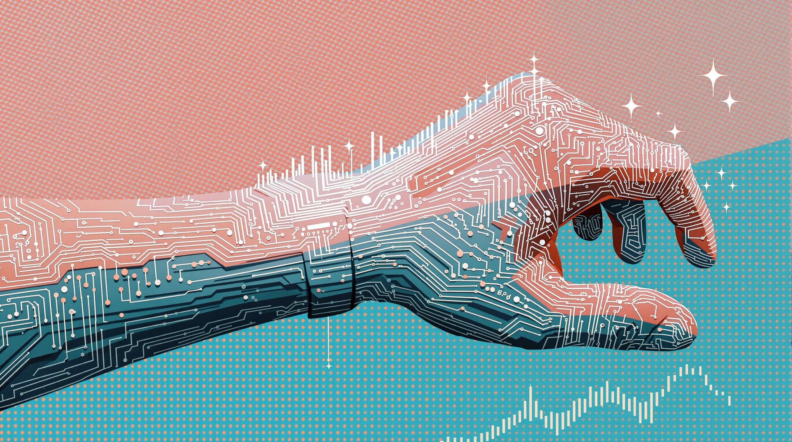 Collage illustration of a wrist with glowing circuit lines and flowing numeric data representing wearable health insights.