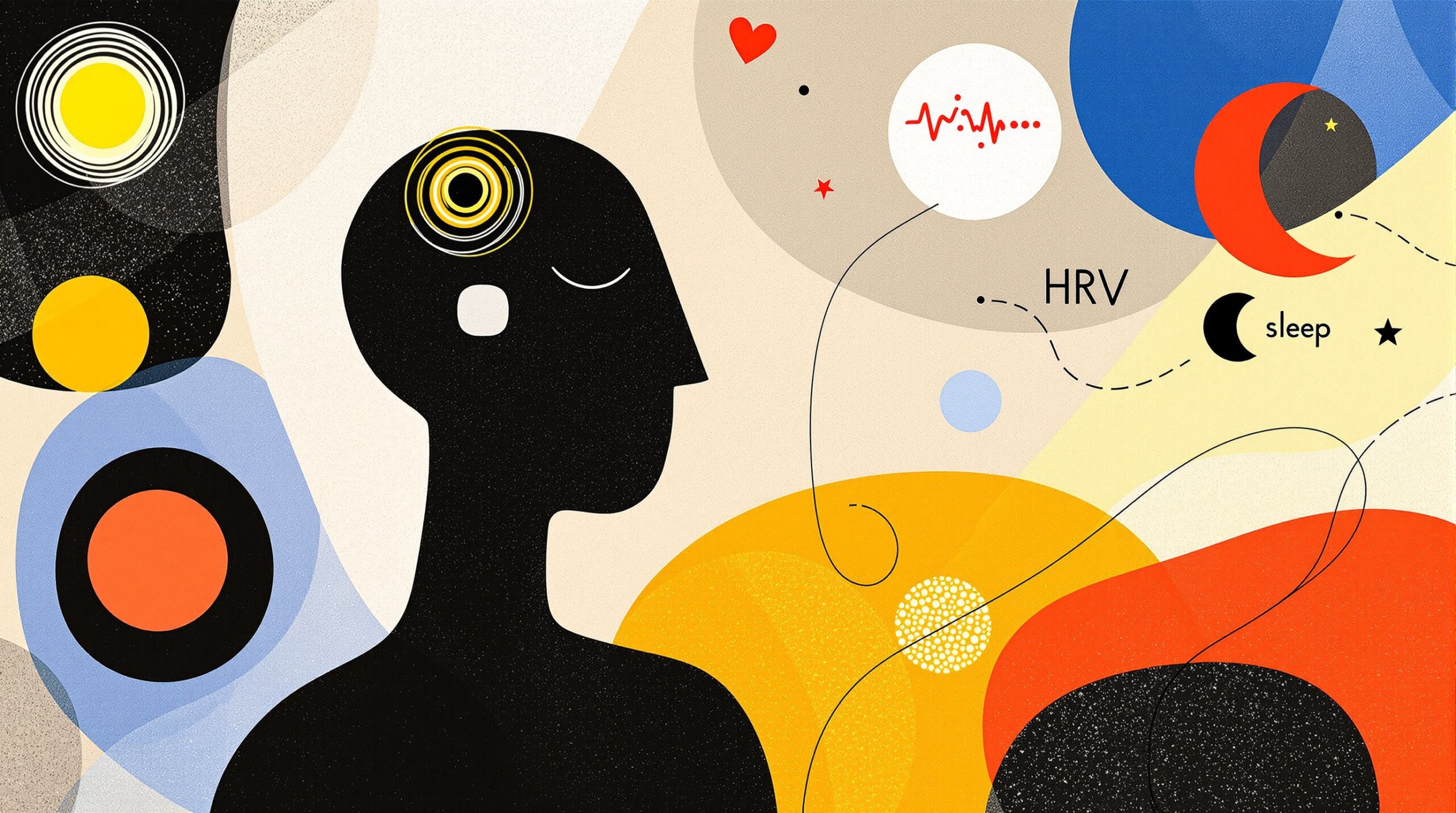 Abstract collage of a person with ring, band, and watch symbols connected by heartbeat and sleep data icons.