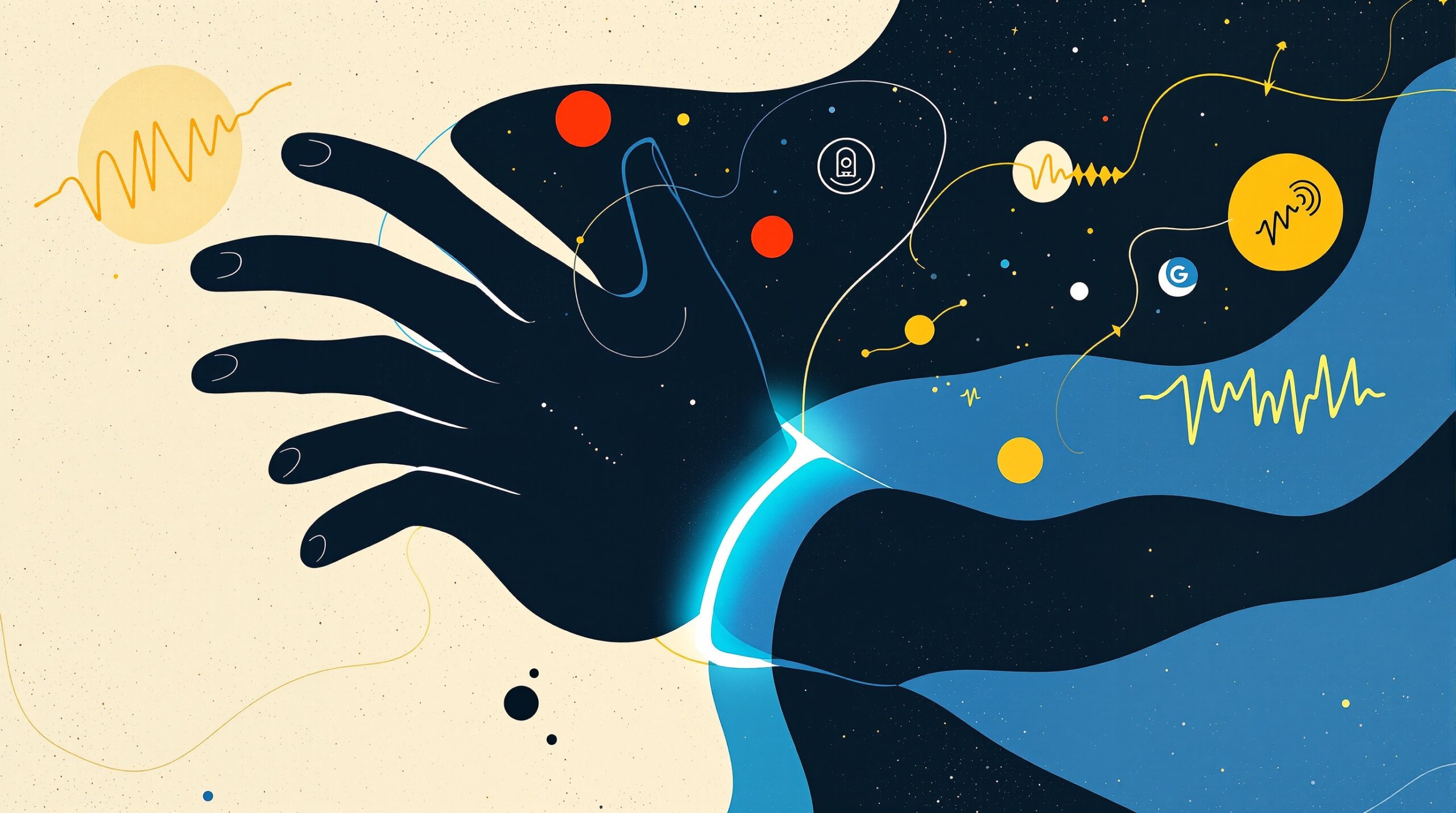 Playful Miró-style illustration of a stylized figure with a glowing line on the wrist and floating biometric data symbols.