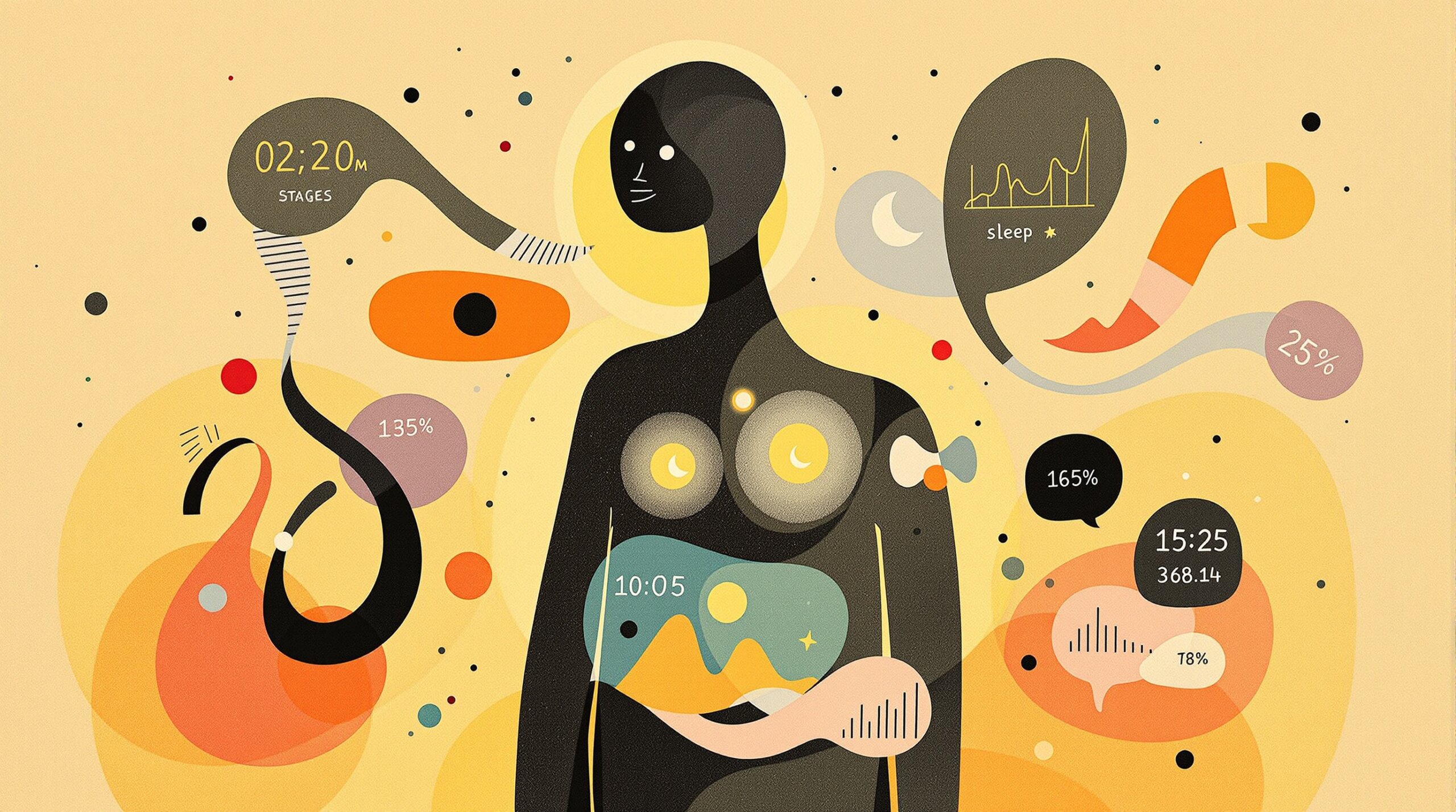 Abstract Miró-style figure with glowing sensor nodes and flowing biometric data ribbons.