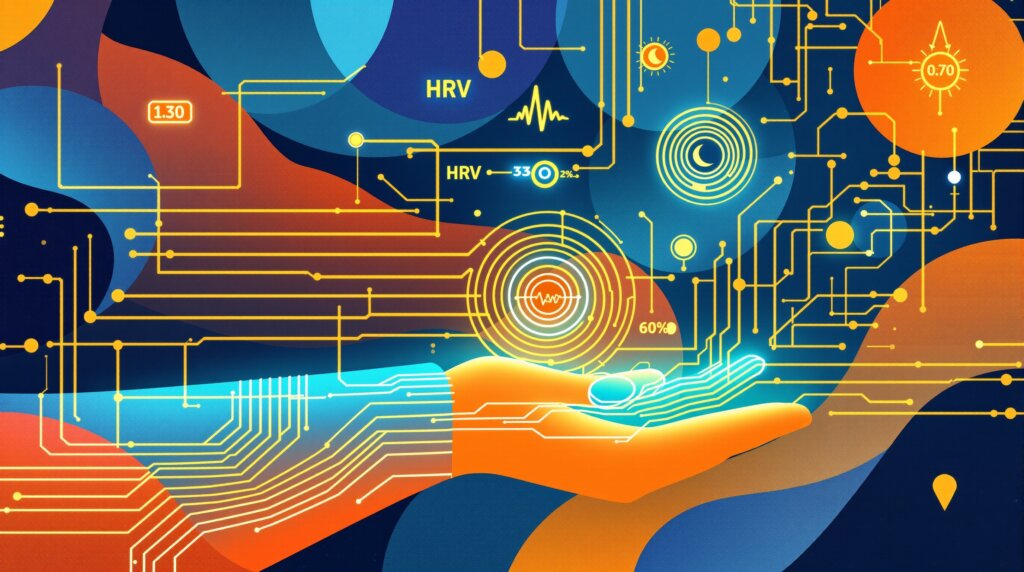 Abstract illustration of a wrist connected to flowing biometric data and symbols.
