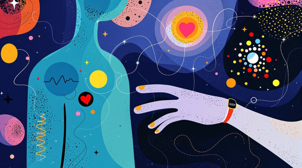 Abstract human figure with a glowing smart ring and flowing lines of biometric symbols.