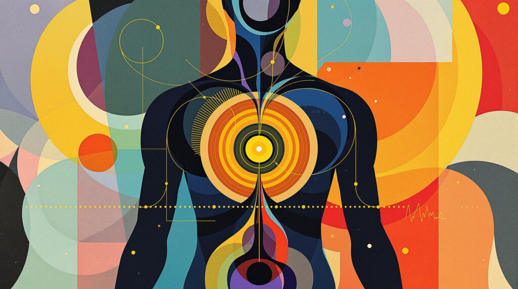Abstract geometric human torso with colorful data streams converging on a circular wrist sensor.