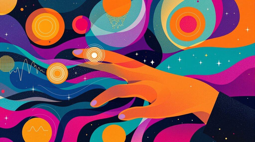 Geometric forearm with a glowing ring sending abstract HRV and sleep-cycle data streams into a colorful patterned background.