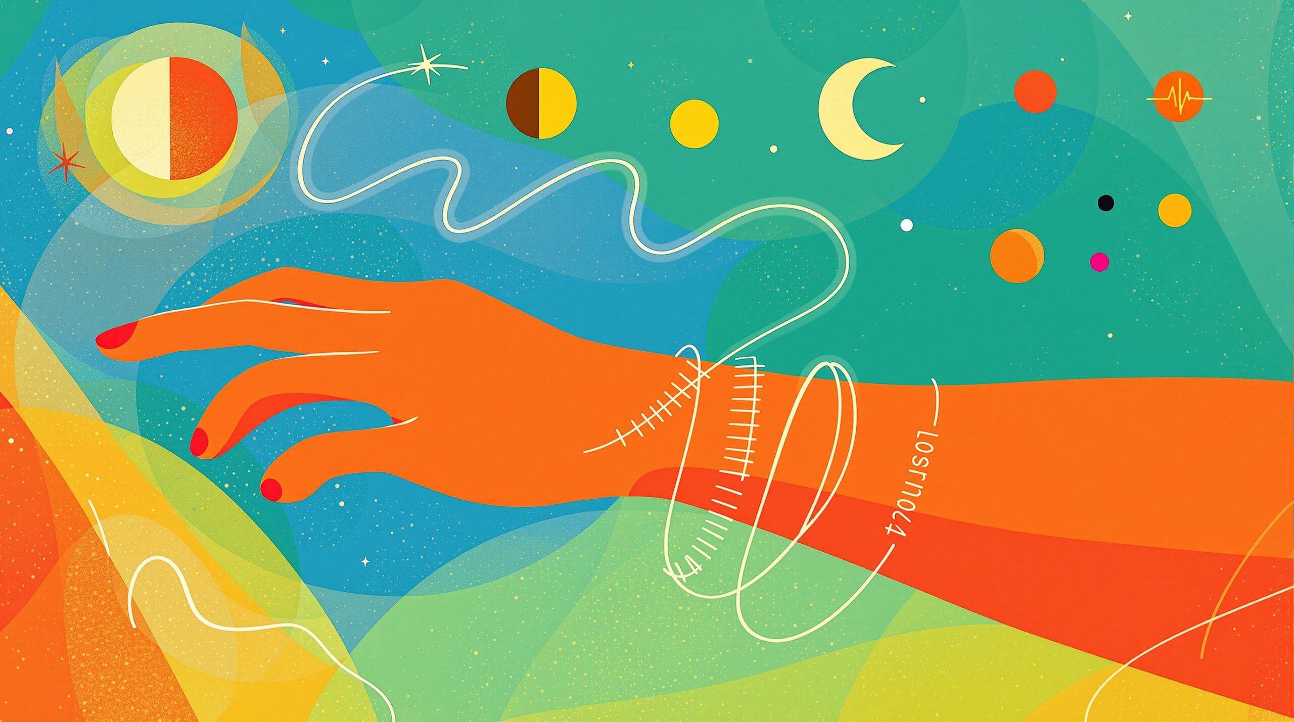 Stylized arm with glowing lines to a smart ring and flowing data ribbons symbolizing sleep and recovery.