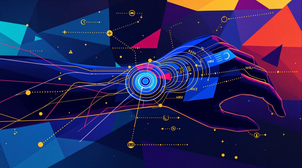 Abstract geometric illustration of a wrist with glowing data lines, HRV waveforms, and concentric sleep-cycle rings.