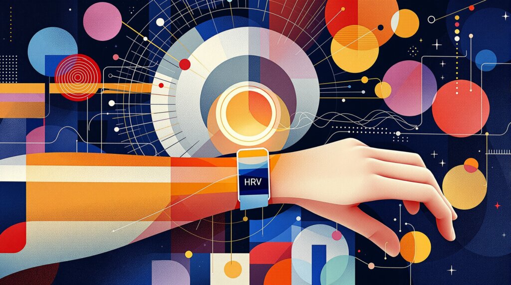 Geometric illustration of a wrist with glowing sensor bands and colorful data streams representing health metrics.