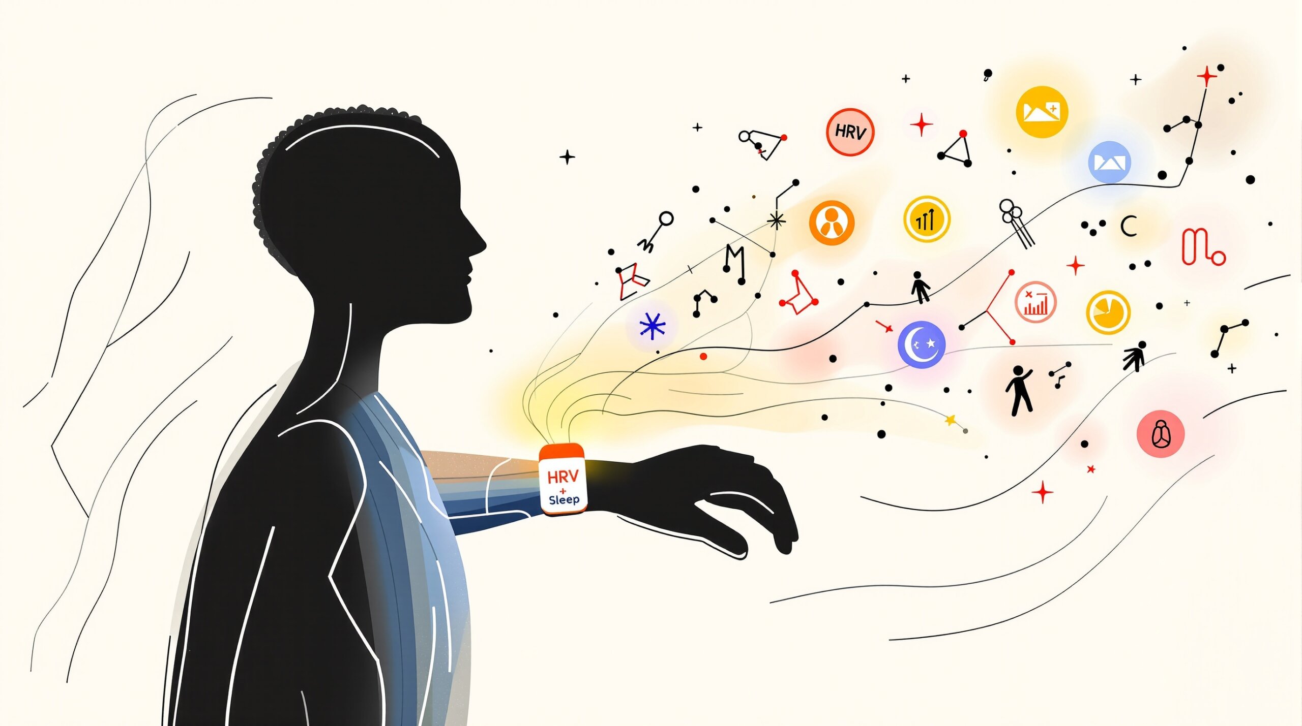 Playful Joan Miró-style illustration of a person with a wrist sensor and a glowing ribbon of biometric symbols.