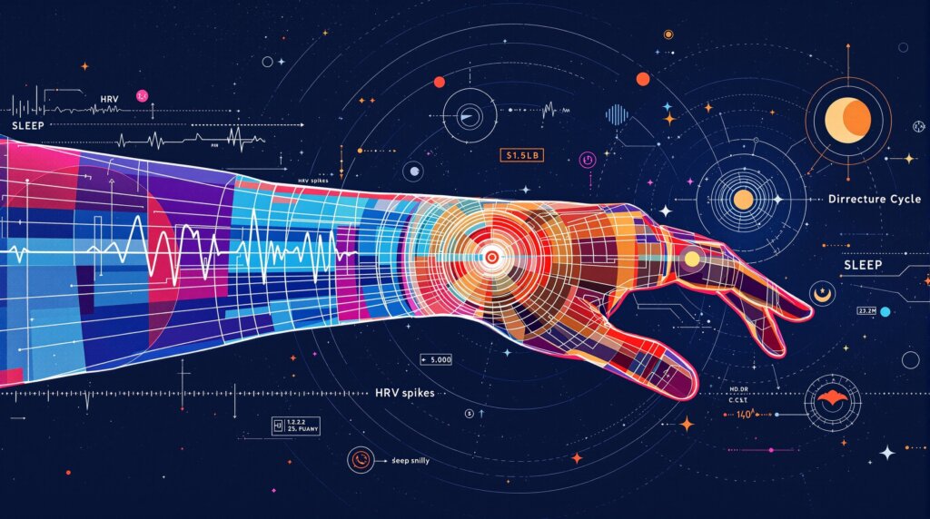 Abstract Kandinsky-style illustration of a wrist with glowing biometric waveforms and data points.