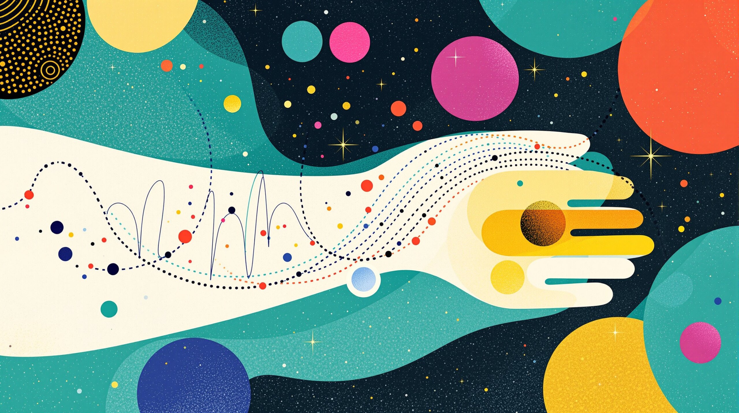 Abstract human figure with a glowing wrist sensor and colorful arcs representing biometric data and sleep cycles.