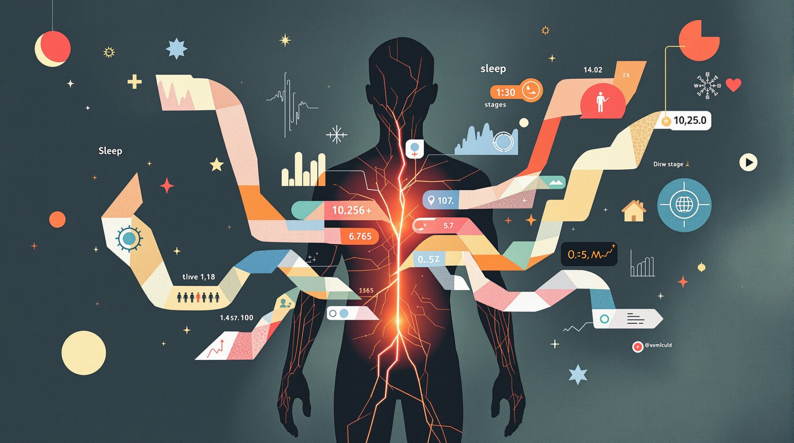 Collage illustration of a person with glowing wrist sensors and flowing ribbons of biometric data and sleep icons.