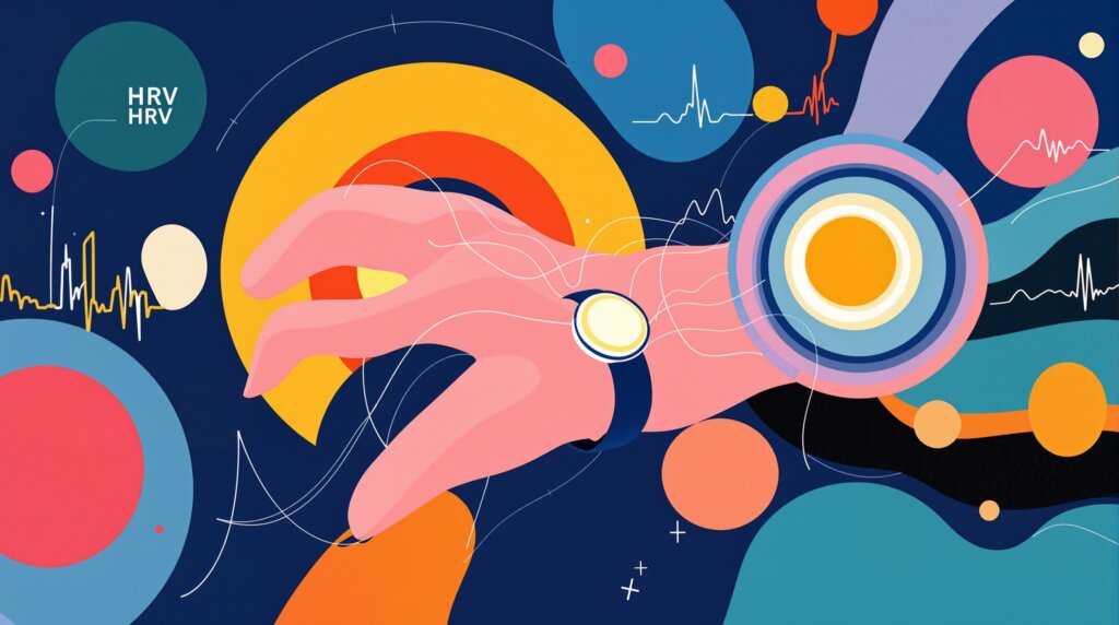 Abstract illustration of a wrist with a glowing smart ring and flowing geometric biometric data.