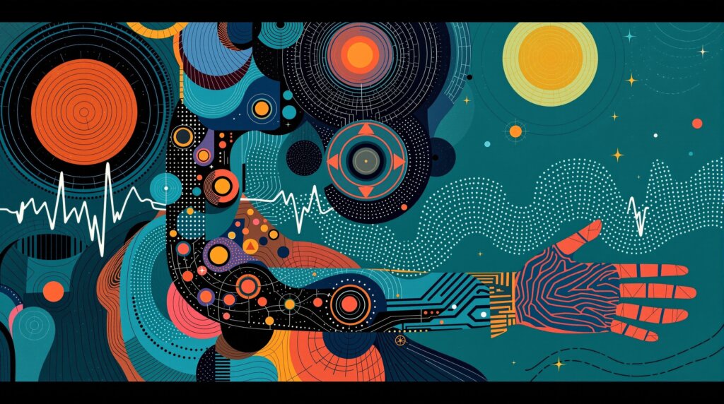 Abstract geometric human figure with a glowing ECG waveform and dotted data points representing heart rate variability.