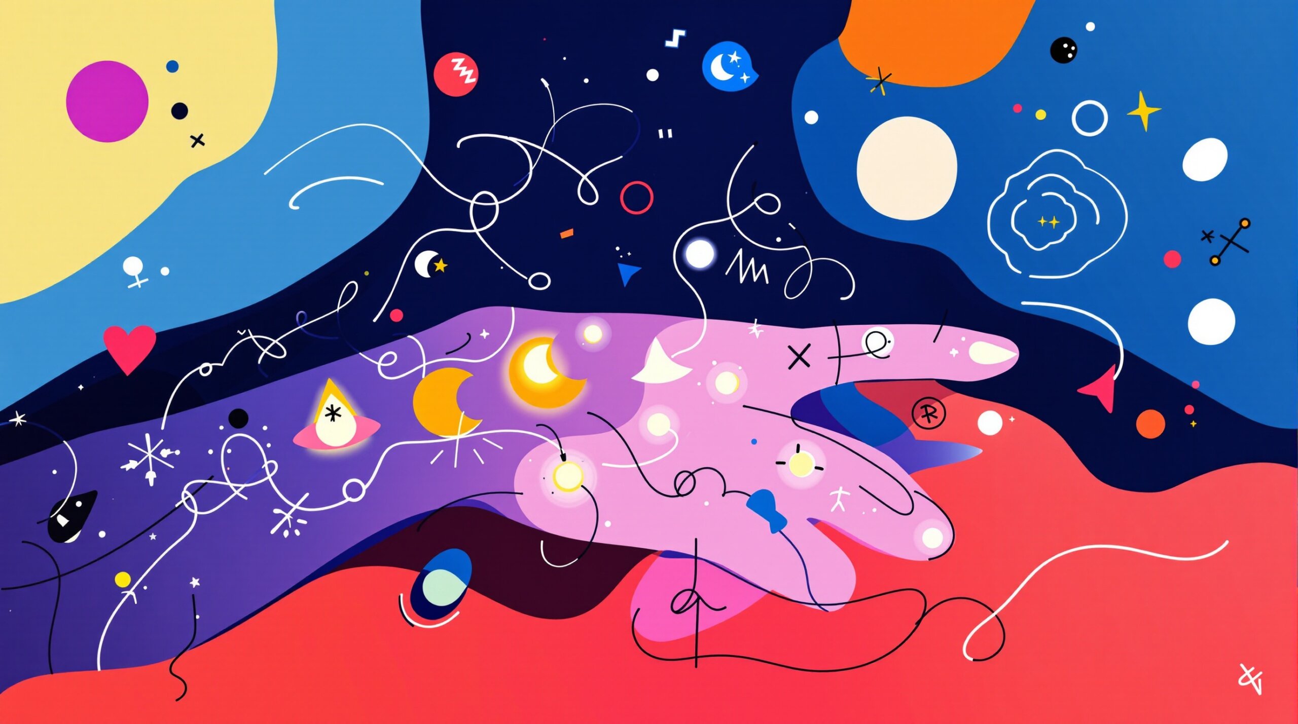 Playful Joan Miró-style illustration of glowing sensor nodes on a wrist and finger connected by biometric data lines.