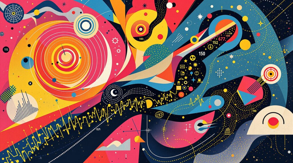 Abstract illustration of a wrist emitting glowing rings and waveform data in a Kandinsky style.