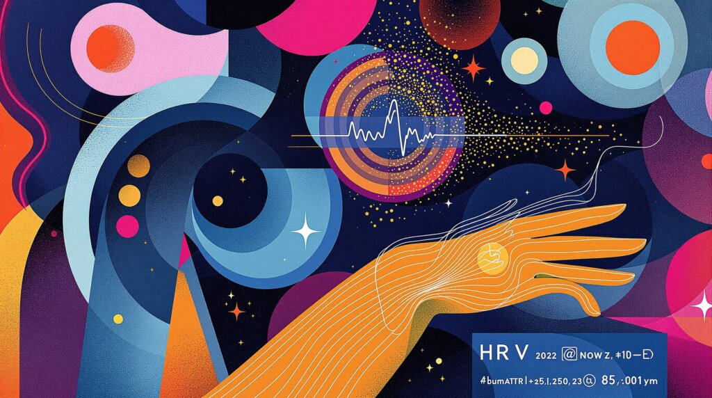 Abstract geometric illustration of a human torso and wrist with glowing data lines, waveforms, and concentric rings representing sleep and HRV.