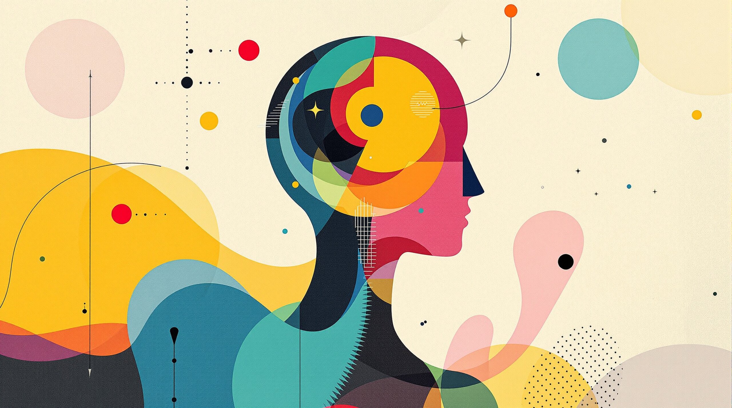 Abstract geometric silhouette surrounded by concentric sleep rings and heart-rate variability lines.