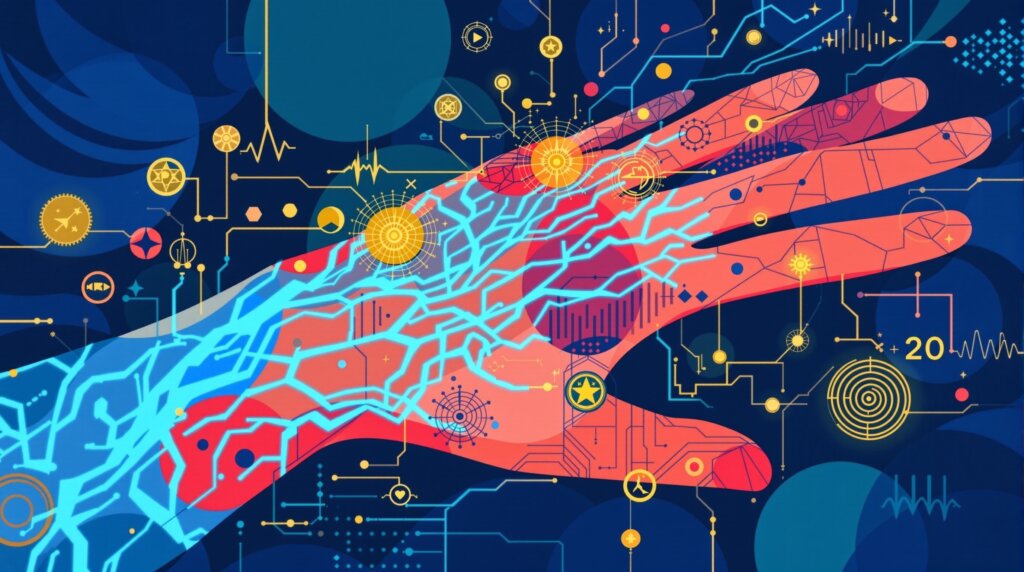 Abstract illustration of a wrist with glowing lines and overlaid heart-rate and sleep-cycle data in vibrant geometric shapes.