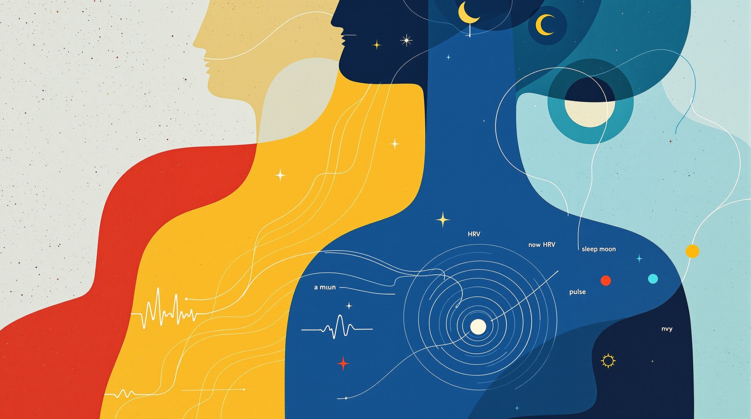 Abstract Kandinsky-style illustration of a person with concentric heart circles and data waves flowing from the wrist representing biometric rhythms.