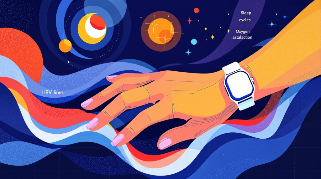 Abstract illustration of a hand wearing a ring monitor with geometric waves and data points representing sleep and biometric signals.