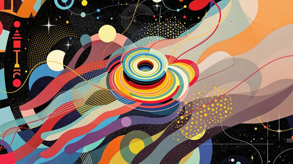 Abstract editorial illustration of a wrist with a smart ring emitting colorful biometric data waves turning into ECG and sleep patterns.