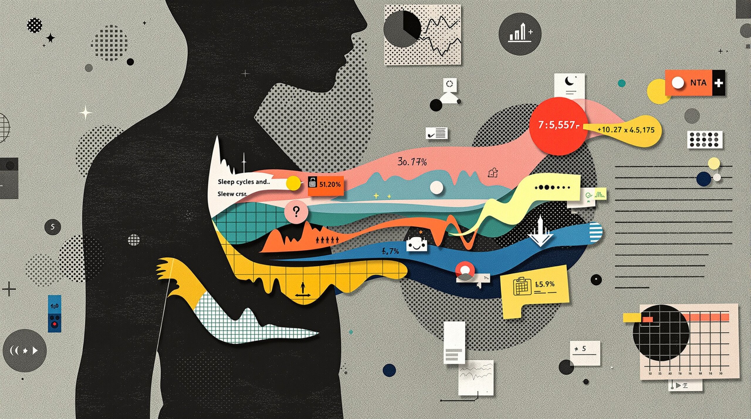 Collage illustration of a figure with wrist sensors and flowing data ribbons representing biometric signals.
